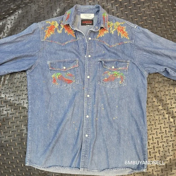 Sunbelt Sportswear Painted Lady Designs Chili Pepper Denim Western Shirt Mens M - Picture 9 of 10